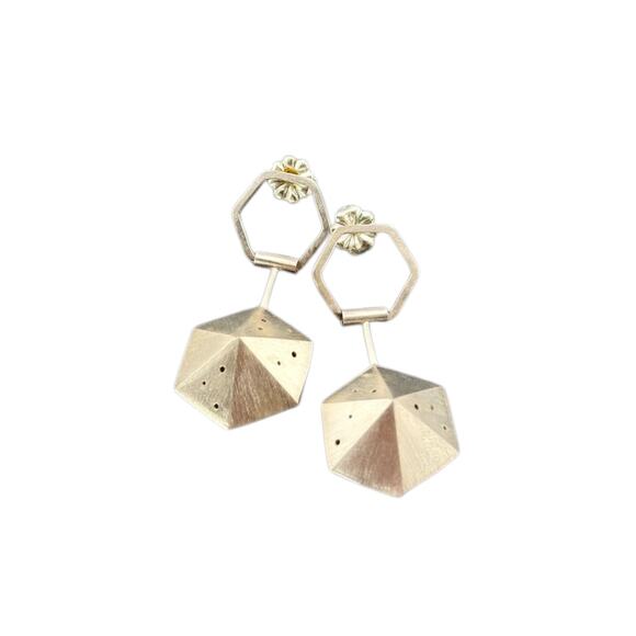 NEW Sterling Silver 3D Pentagon Pierced Earrings - Picture 4 of 4